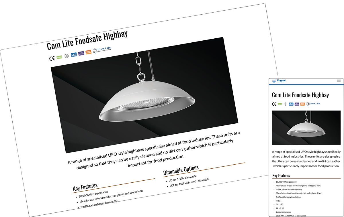 Tegral Lighting desktop and mobile screens
