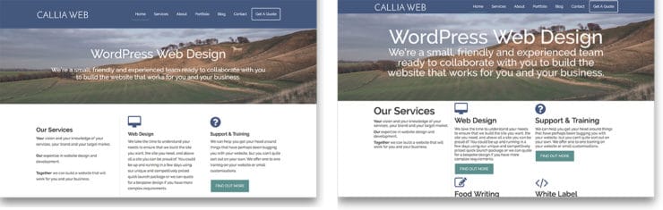 Screenshots of Callia Web homepage showing removal of whitespace