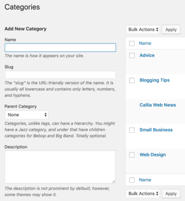 Categories in the WordPress Dashboard