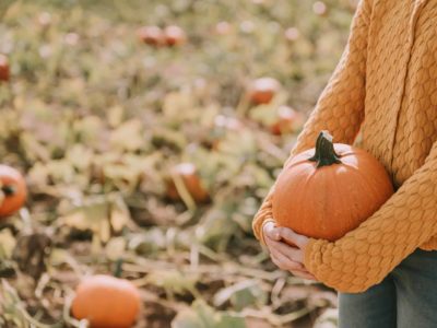 woman holding pumkin in field of pumkins