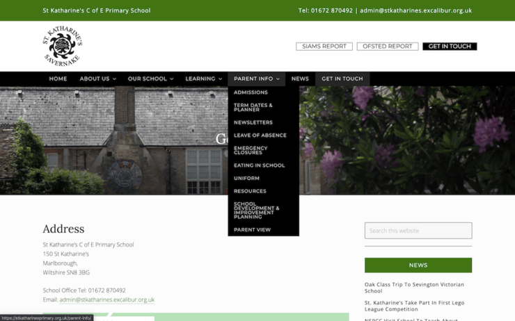 Website with 'Parent info' dropdown menu showing showing links such as 'eating in school' and 'term dates'.
