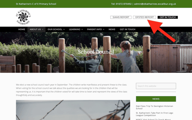 Website with prominent 'Ofsted report' button in top right corner.