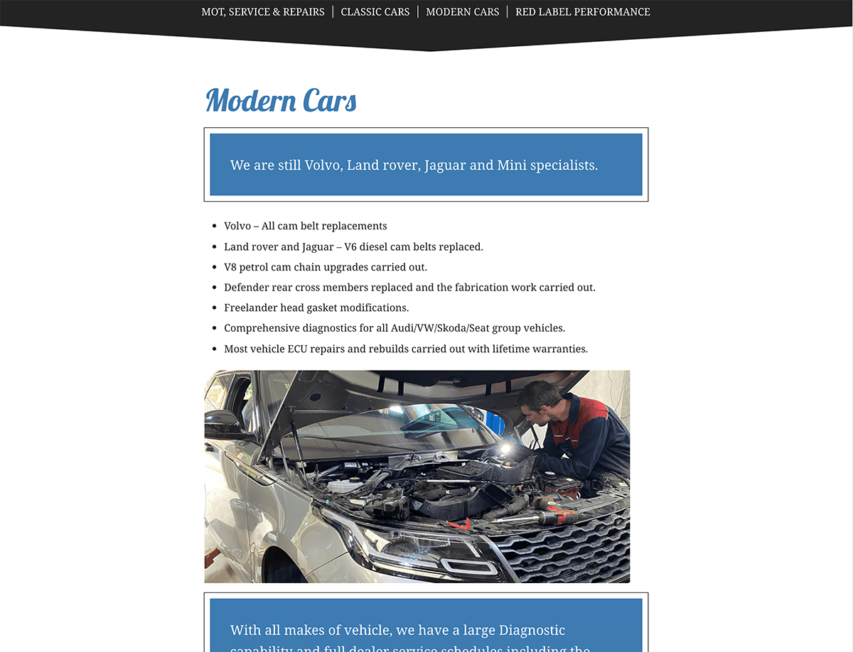 Cadley Garage modern cars page