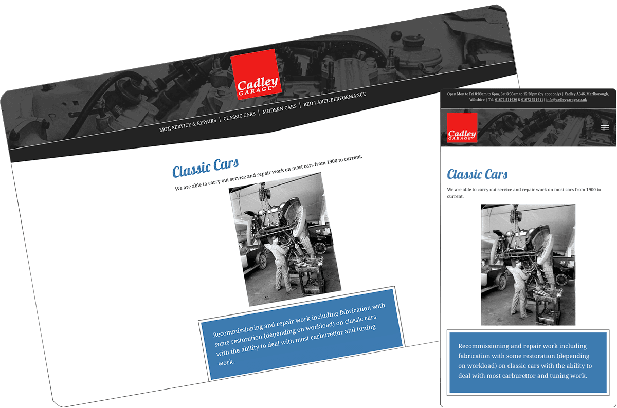 Cadley Garage website, desktop and mobile screens