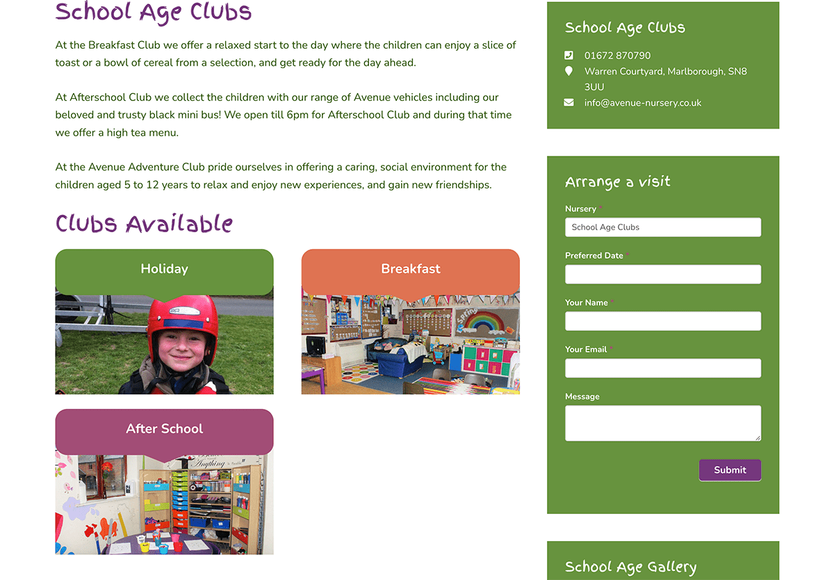Avenue Nursery school age clubs page